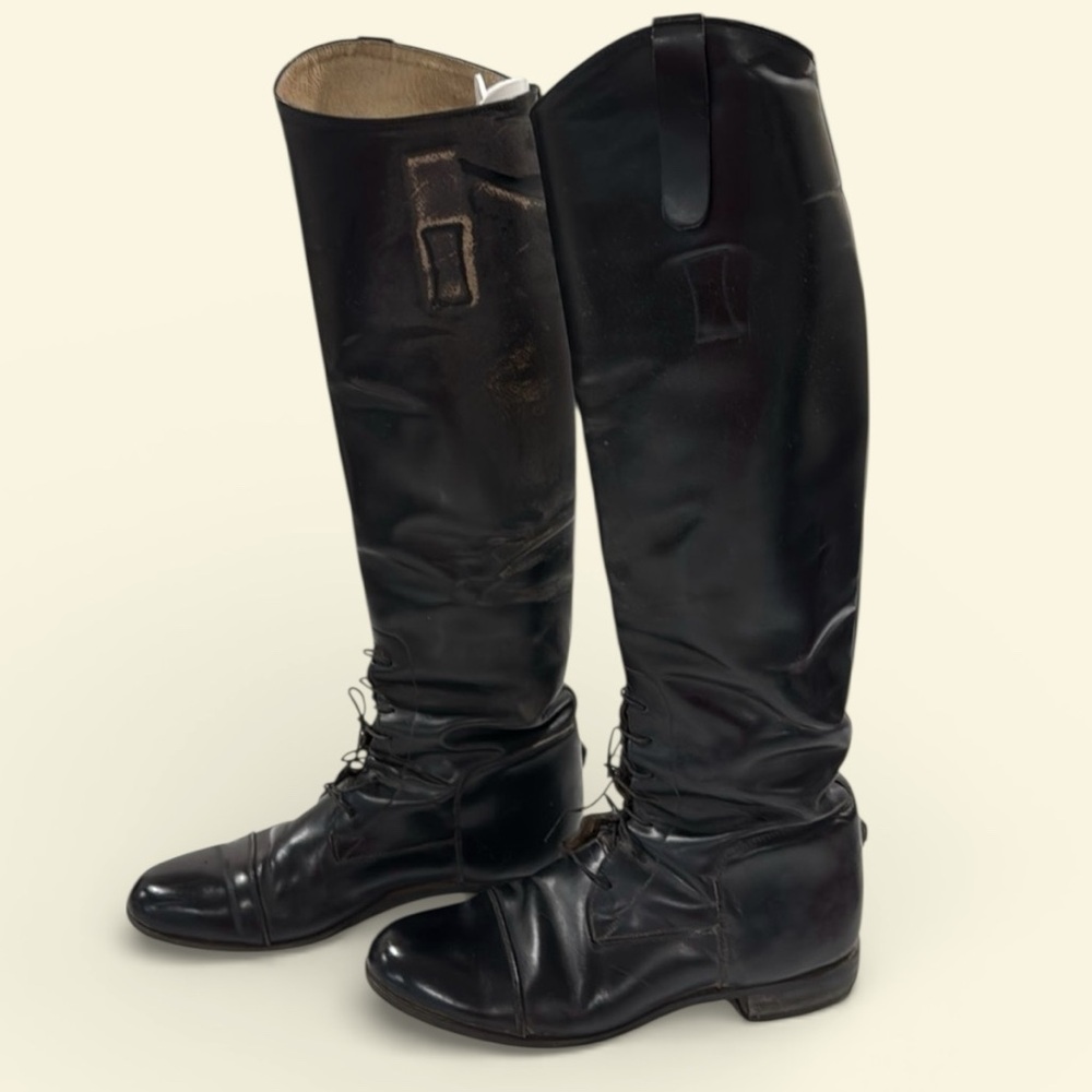Vintage Grand Prix Leather English Riding Boots Knee High 7 Black slim calves